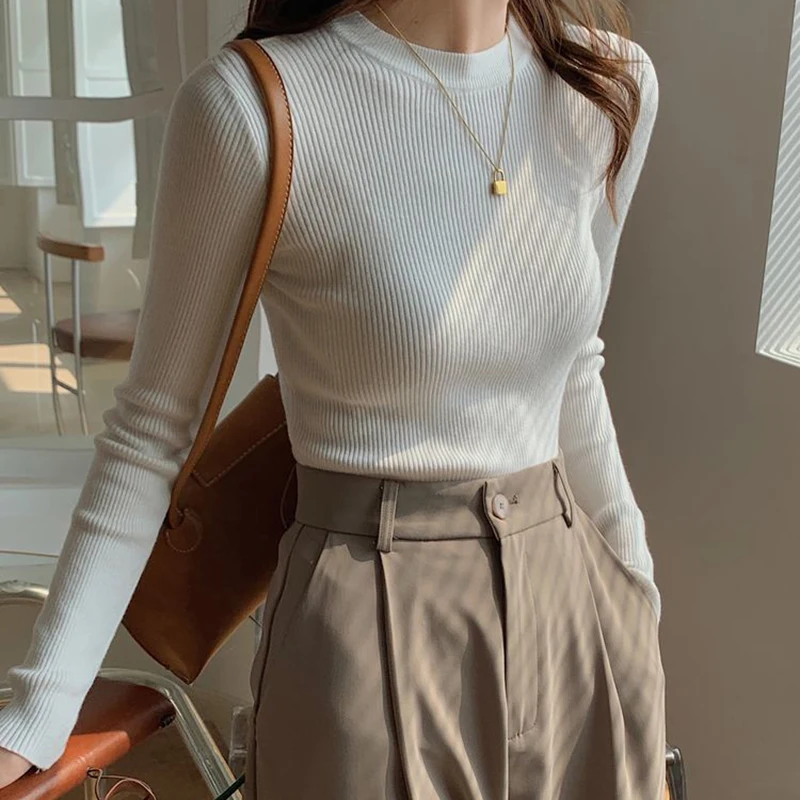 Rimcoy 2024 Spring Basic Slim Fit Sweater Women Korean Wild Round Neck Jumper Woman Solid Long Sleeve Knitting Pullover Female