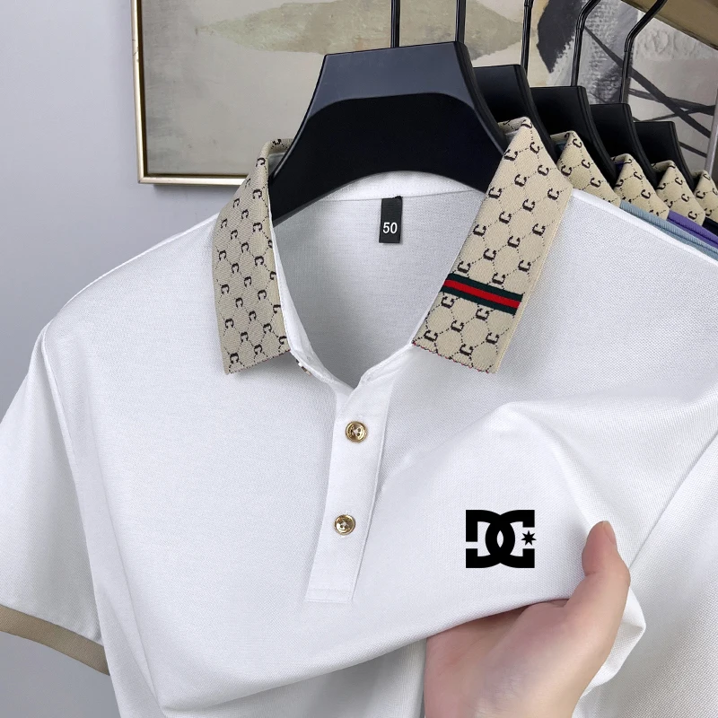 

Summer men's short-sleeved polo shirt style T-shirt with printed pattern, paired with single-button men's shirt