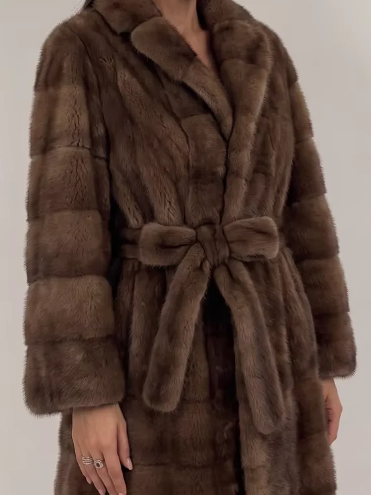Womens Brown Faux Fur Coat Wide Lapel Long Sleeve Belted Waist Pockets Fuzzy Jacket Fall Winter Party Daily Streetwear Wear