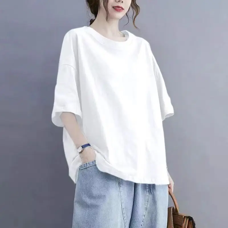 High-End Large Size Women's Short Sleeve Base Shirt Letter Print Top T-Shirt Commute Style Artistic round Neck Regular Fit