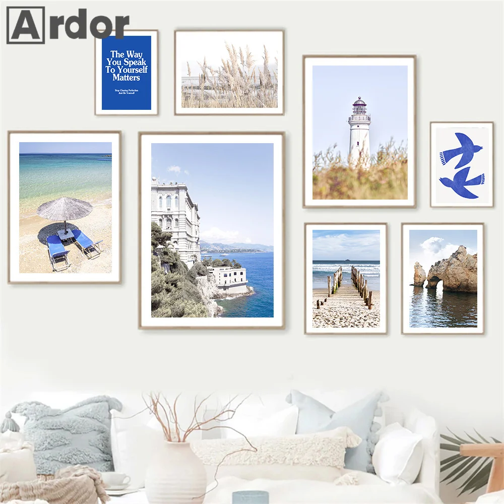 

Blue Ocean Beach Bridge Sea Wave Abstract Nordic Poster Landscape Canvas Painting Wall Art Print Pictures Living Room Home Decor