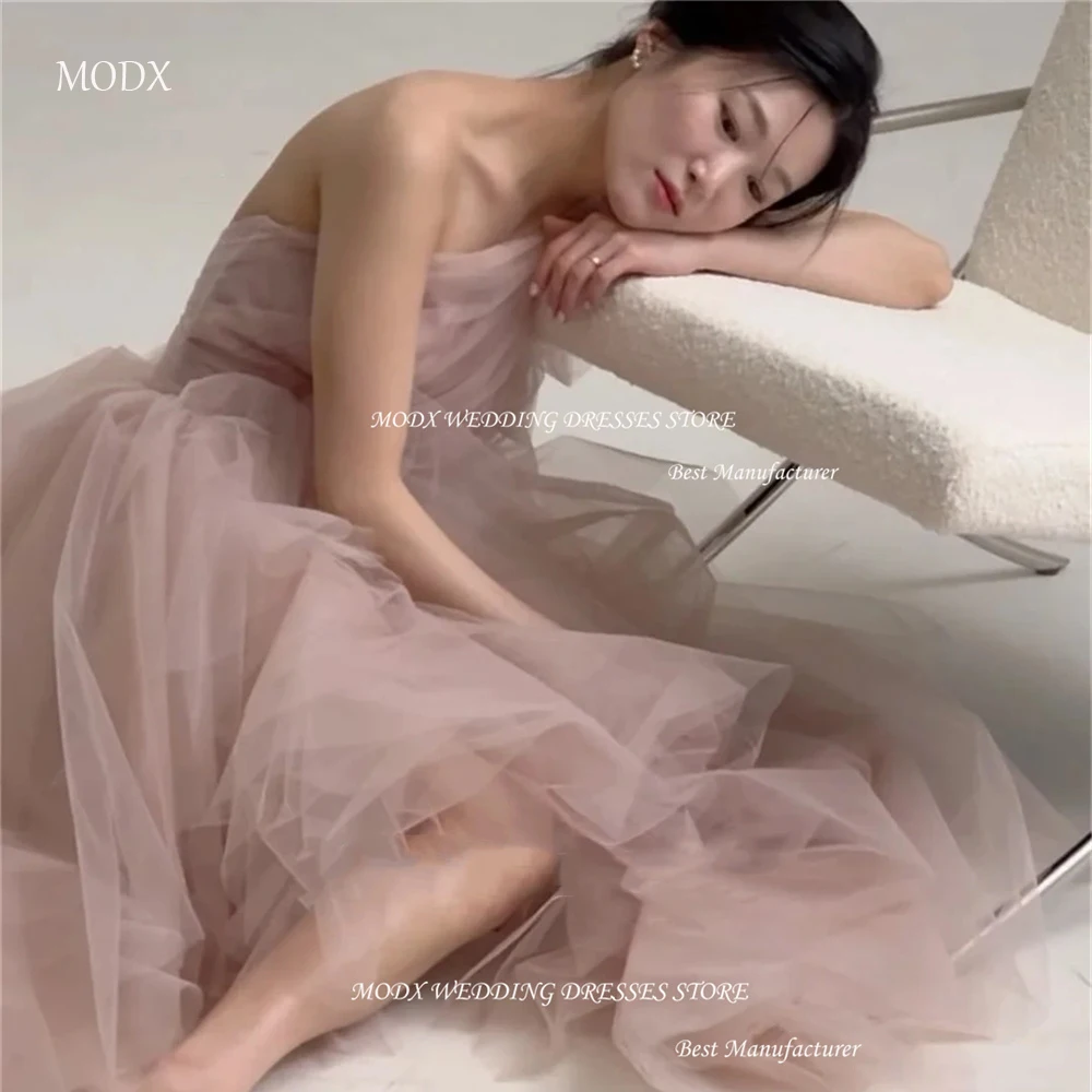 

MODX One-Shoulder A-Line Evening Party Dresses Korea Pink Sleeveless Tulle Wedding Women Formal Gowns Event Prom Gowns
