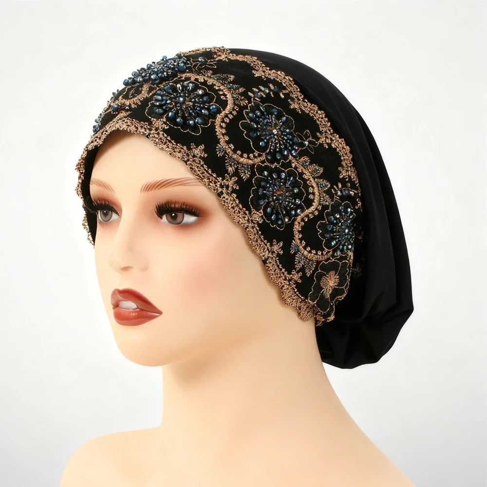 Fashion Underscarf Beaded Diamonds Lace Flower Headscarf Muslim Hijab Hat Women Bonnet Beanies Hair Loss Headwrap Turbante Mujer