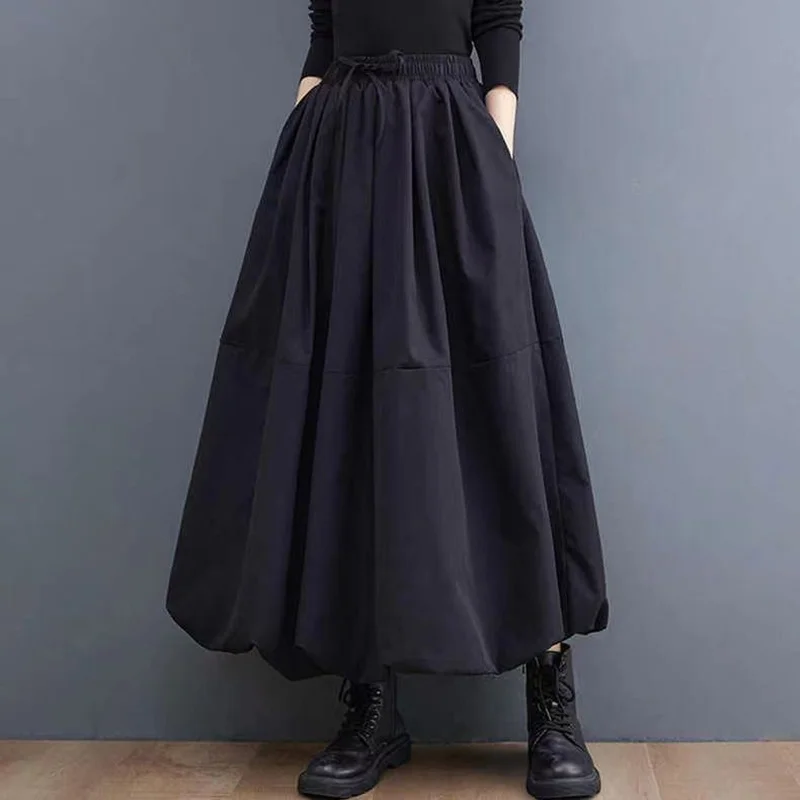 L-4XL Women\'s Black Long Tutu Skirt With Pockets Fashion High Waist A-Line Maxi Skirts Womens Loose Casual Pleated Skirt C419