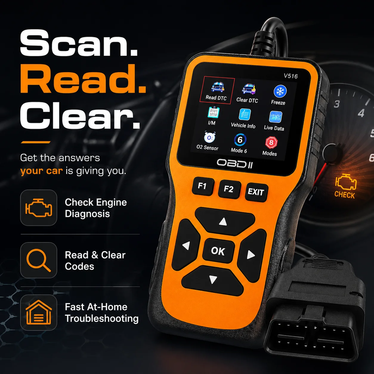 V516 Car OBD2 Scanner with Silicone Buttons, Engine Fault Code Reader, Live Data O2 Sensor Test Automotive Diagnostic Tool