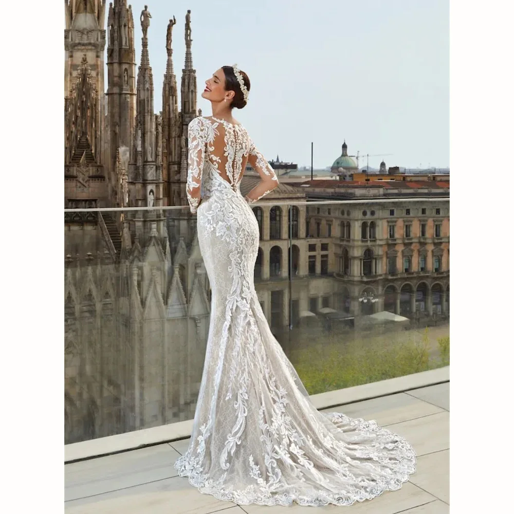 Gorgeous Mermaid Wedding Dress Sweetheart Transparent O-Neck Long Sleeve Lace Applique Bride Dress  Detachable Trailing Skirt