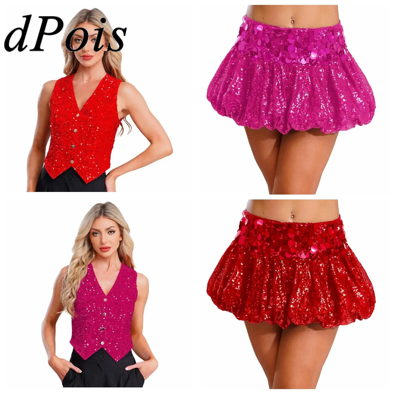 

Women Sequin Jazz Dance Costume Fashion Waistcoat Disco Outfit Vest Music Festival Tops Cocktail Party Nightclub Skirts Suits
