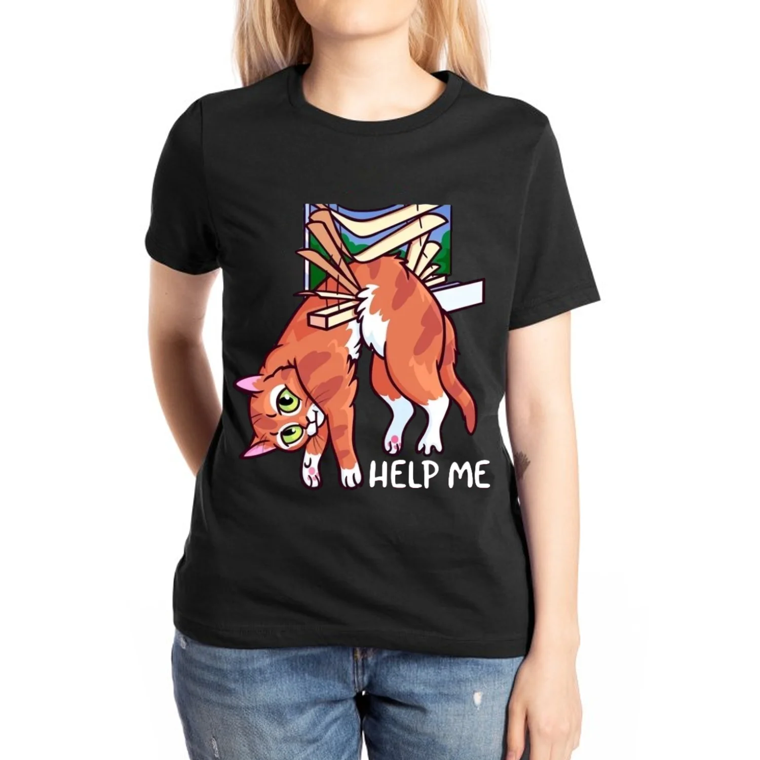 2024 letni damski bawełniany t-shirt czarny Oversize nadruk kota krótki rękaw Unisex na co dzień prosty wygodny Top Y2K