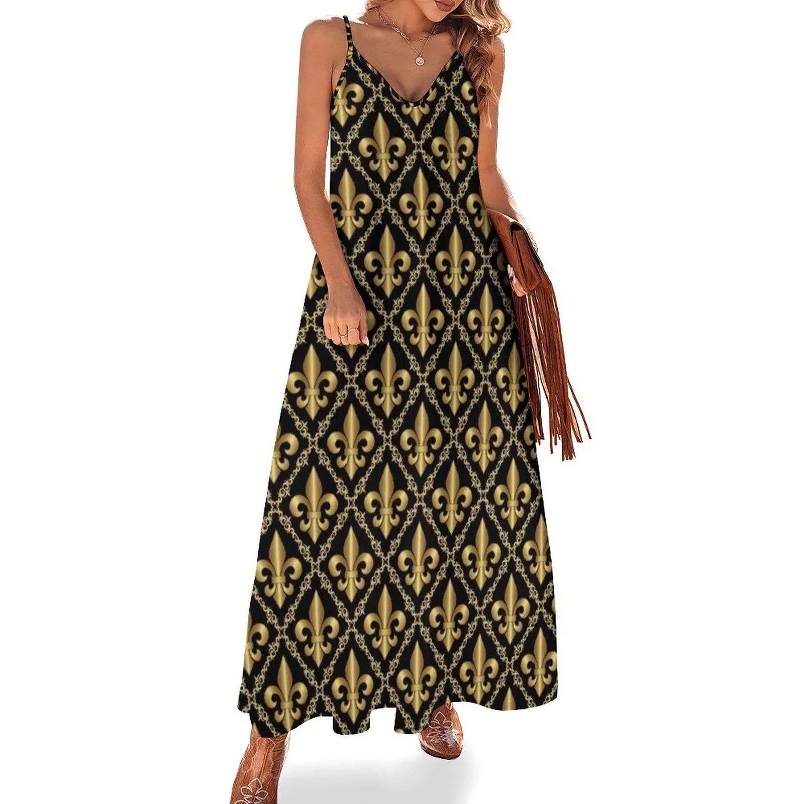 

Gold Fleur-de-Lis Pattern Sleeveless Long Dress dresses for woman Women's long dress Casual dresses Dress