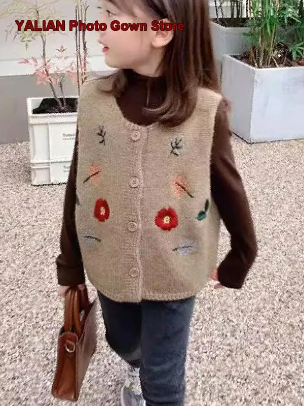 Girls Knit Vest Kids Spring Summer Beaded Applique Solid Color Thickened Top