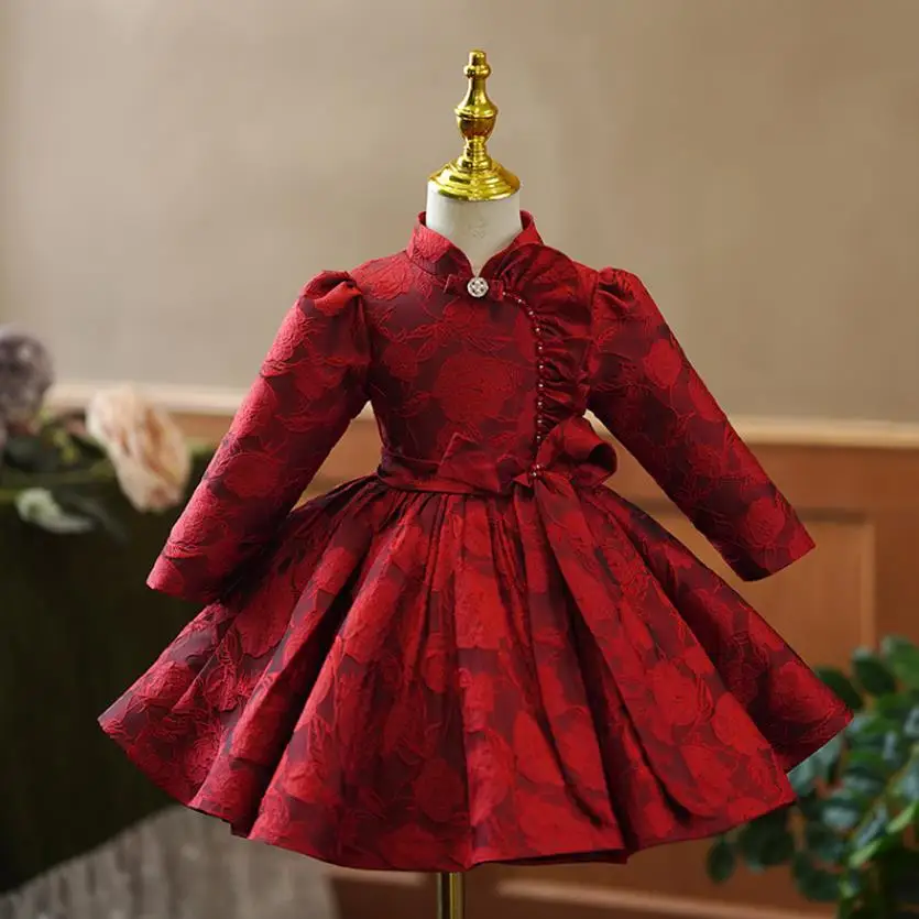 Summer New Children\'s Princess Ball Gown Kids Bow Puff Sleeve Design Wedding Birthday Baptism Party Red Dresses For Eid A2051