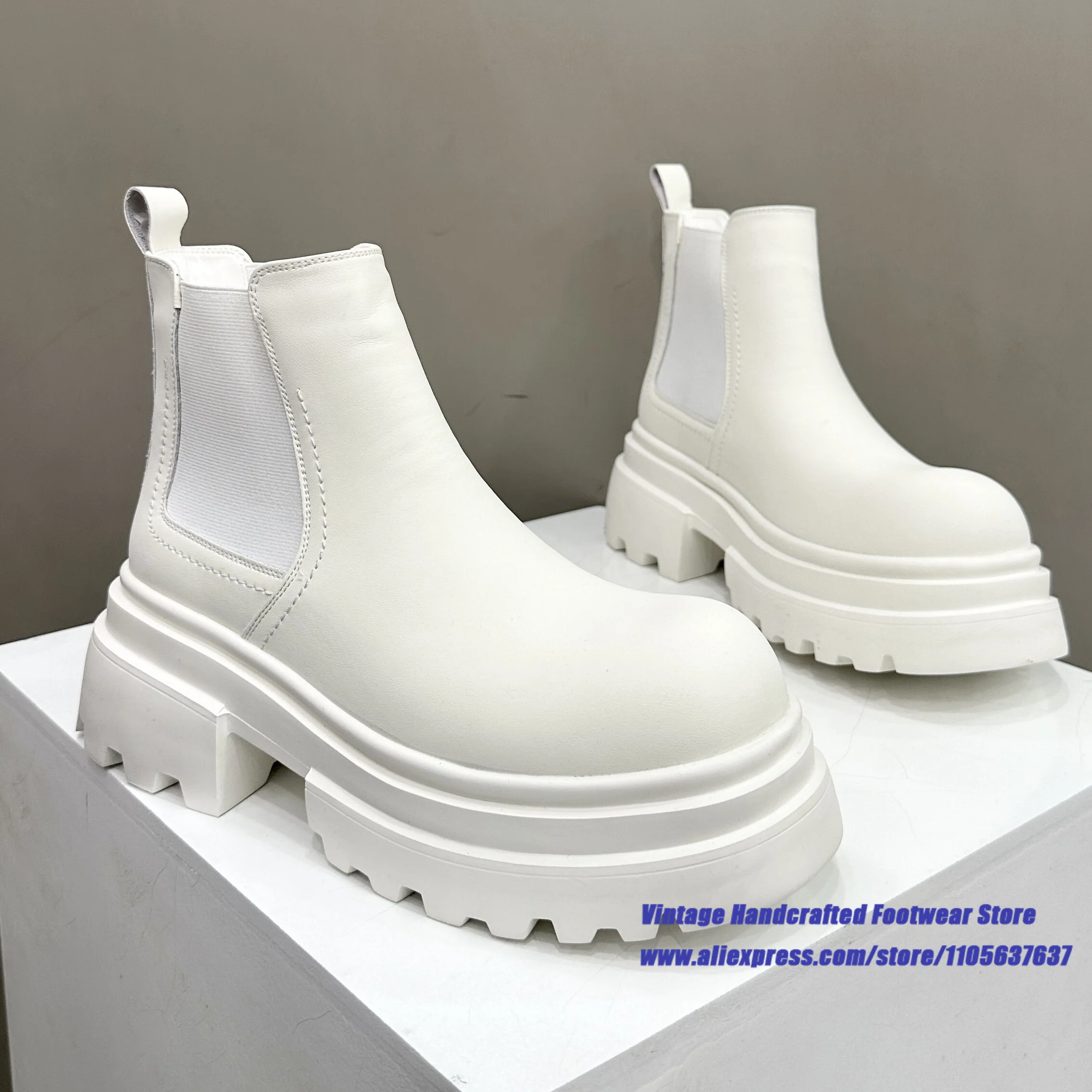 White Leather Elastic Band Men's Chelsea Boots Round Toe slip on Ankle Booties ﻿Luxury Designer Vintage Handcrafted Men's Boots