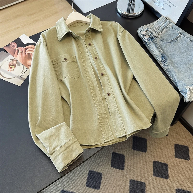 

Весенне-осенняя женская корейская винтажная короткая джинсовая куртка цвета хаки, свободная повседневная однобортная ковбойская верхняя одежда с лацканами и длинными рукавами, женская