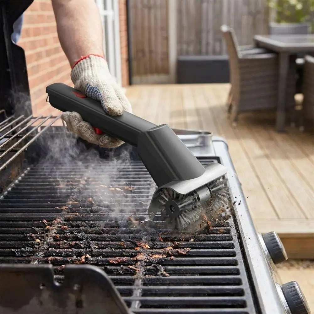 Stainless Steel Electric BBQ Cleaning Brush Steel Wire Bristles Double Wheel Rotating Barbecue Brush Long Handle 2 Speed Modes