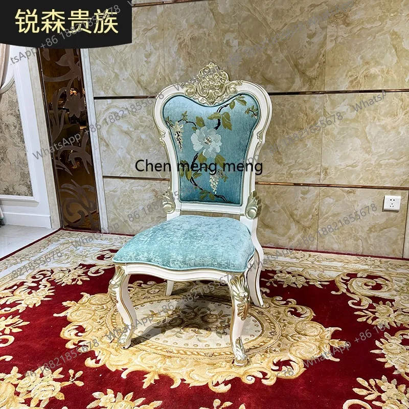 

European dining chair embroidered fabric soft bag chair full solid wood carving flower dining table chair household