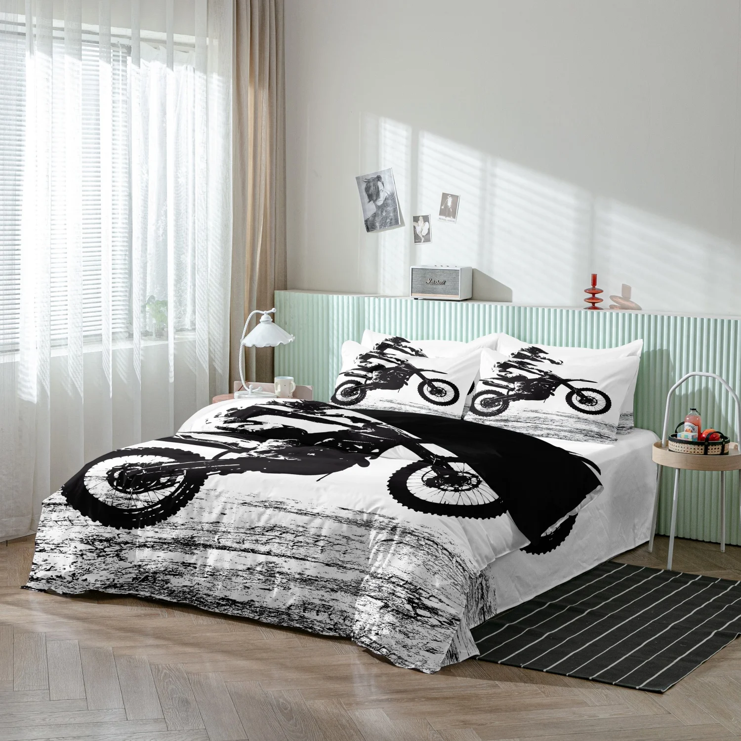 3 Pieces Retro Dirt Bike Rider Print Duvet Cover Set, Black Motocross Off-Road Sport Silhouette Pattern Bedding