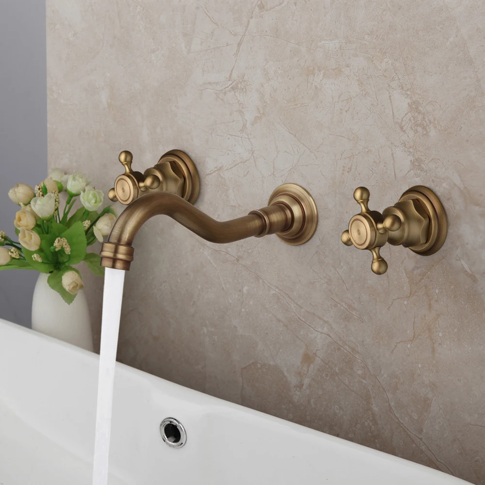 KEMAIDI Two Handles Bathroom Basin Sink Faucet Antique Brass Top Sink Tap Stream Mode Wall Mounted Hot and Cold bathtub tap