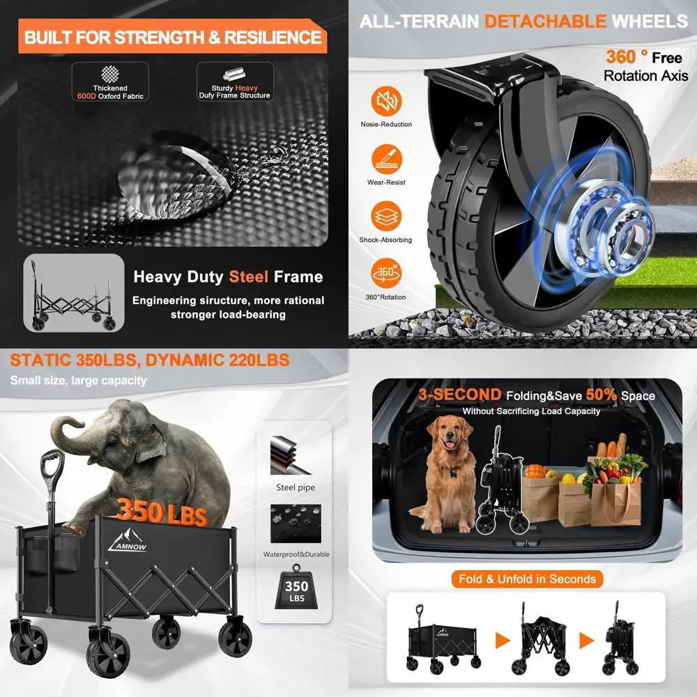 

Folding Utility Wagon with 350 lbs Capacity, All-Terrain Wheels, Ideal for Outdoor Activities and Shopping, Black