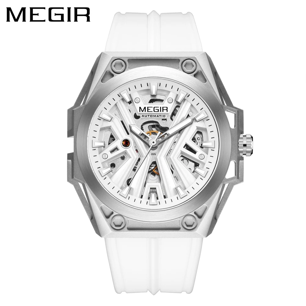 MEGIR Skeleton Dial Men Mechanical Watch Silicone Strap 316 Stainless Steel Case 50M Waterproof Automatic Wristwatches Men\'s