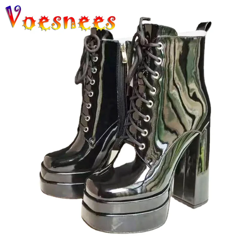 Voesnees Purple Square Head Shoes For Women's 2023 Spring And Autumn Lace-Up High Heels 15CM Antiskid Thick Platform Short Boots