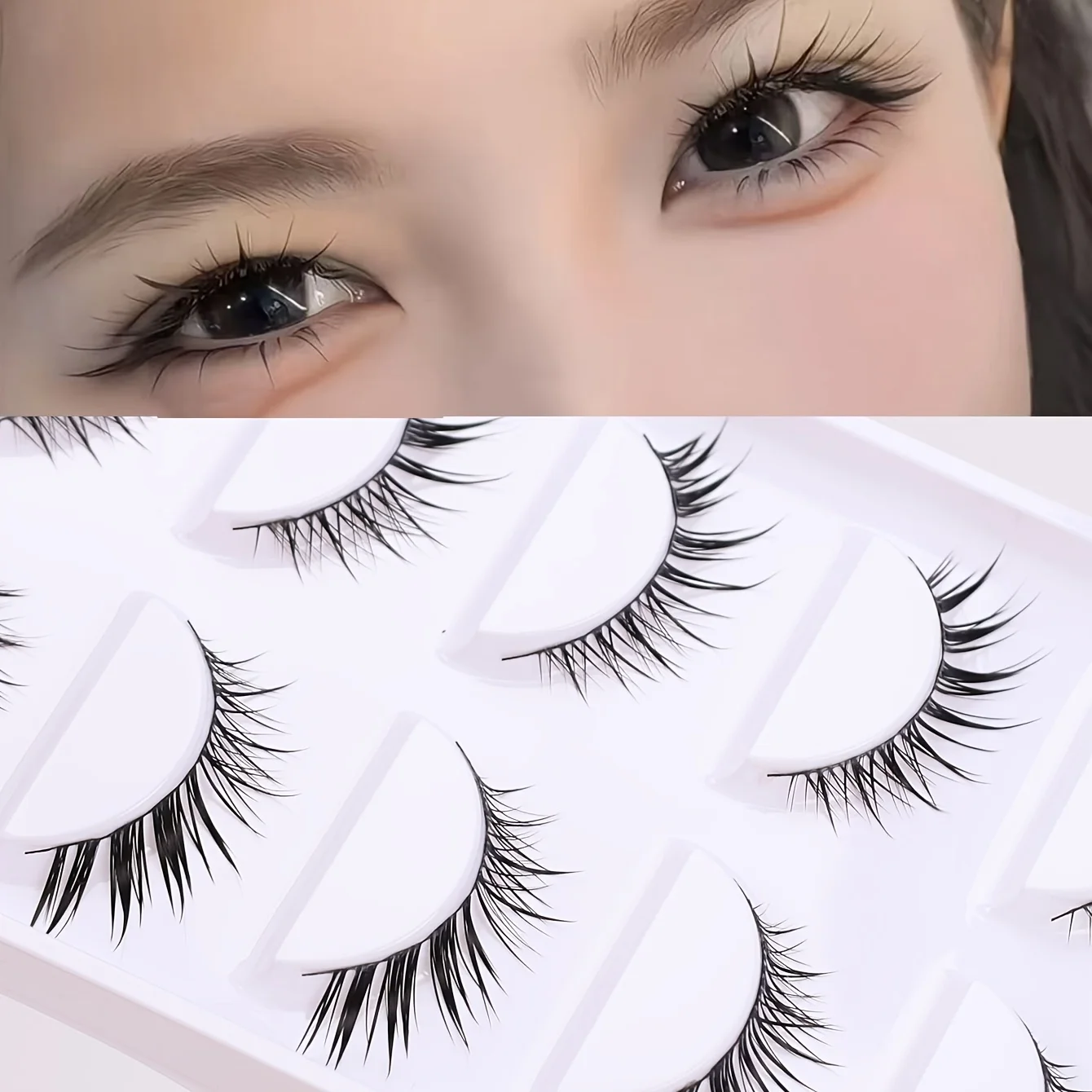 5 Pairs of Diagonal Flying False Eyelashes with Fine Black Stems, Naturally Curled and Curled, Elongated at the End of the Eyes