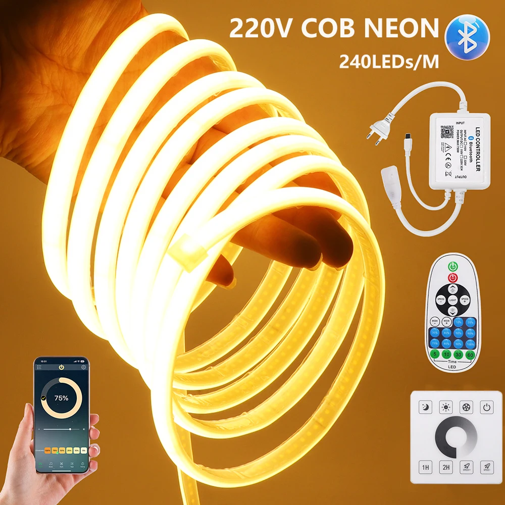 

220V Bluetooth Touch Switch COB Neon LED Strip Light Dimmable Remote Control EU Kit 240LED/M Waterproof Flexible Tape Room Decor