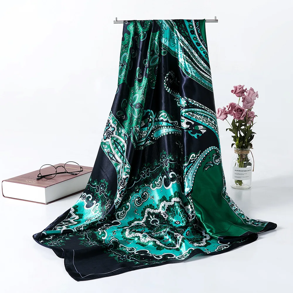 Foulard Carré de Luxe à Fleurs de Cajou pour Femme, 90cm, Bandana, Hijab, Bande Ronde pour Sauna, Cadeau de Noël et de Mariage