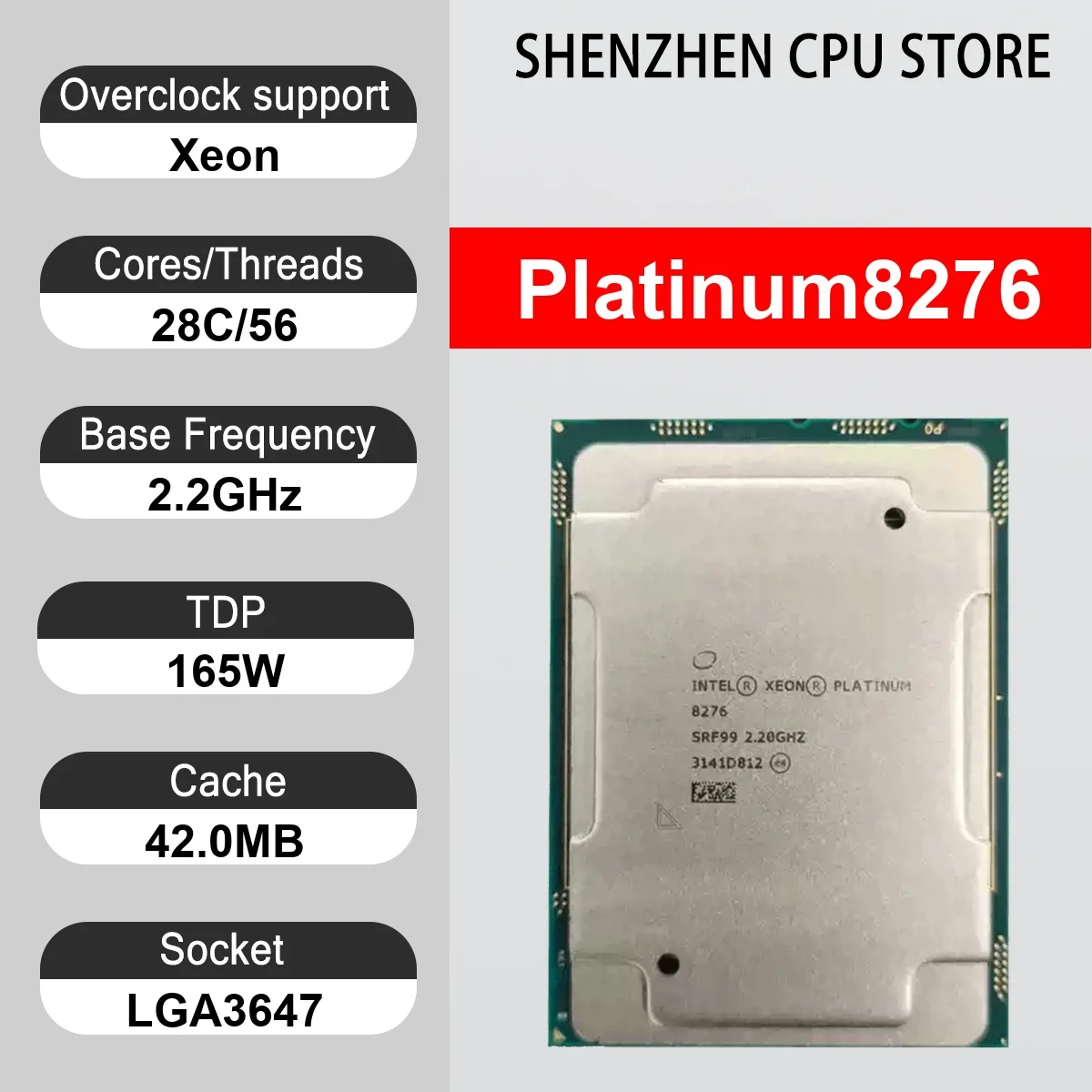 Intel Xeon Platinum8276 28 Core 56 Thread 2.2GHz 165W 42.0MB Cache 14nm Cascade Lake-SP DDR4-2933 MHz SRFNBC LGA3647