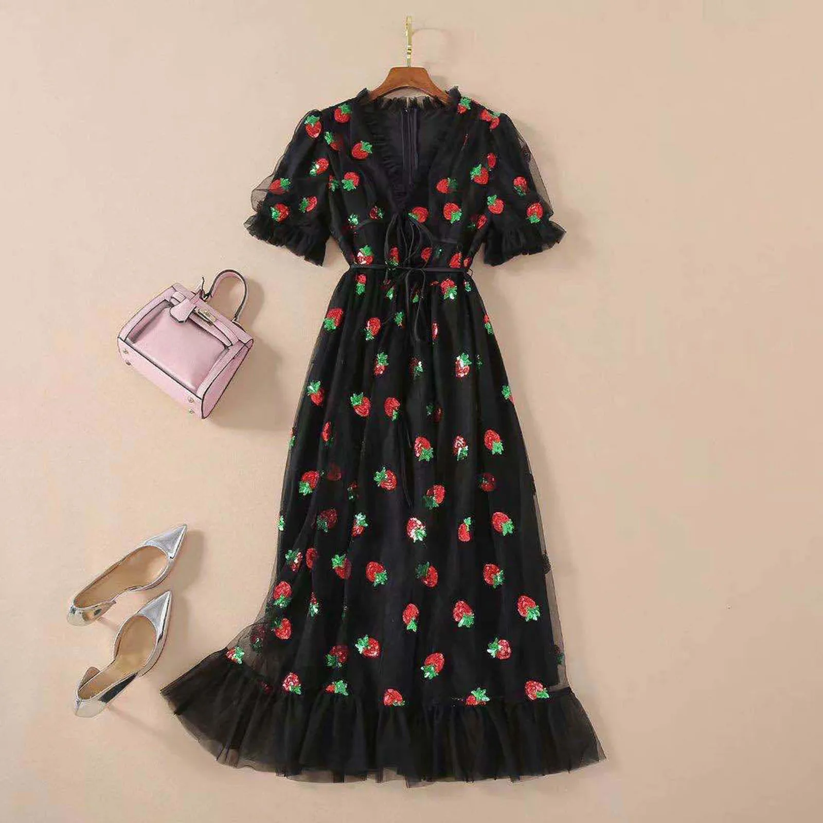 Party Dresses Women 2024 Strawberry Sequins Embroidery Dress V-Neck Bubble Sleeve Long Dress Mesh Round Neck Tunic Party Dress