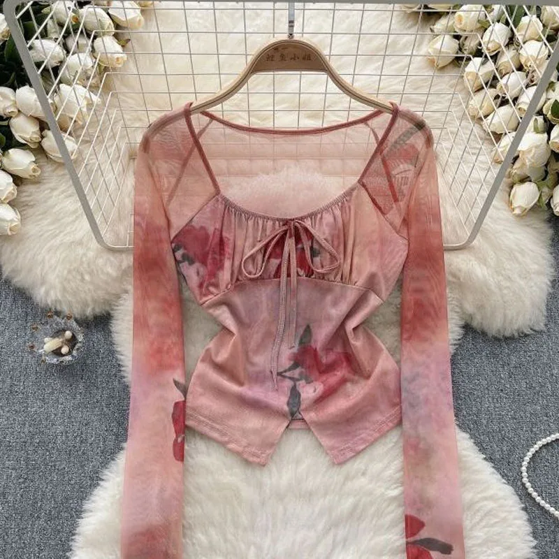 Sweet and Cool Hot Girl Style Tulle Floral Shirt for Women in Summer Straps and Navel-exposed Design Unique Pure Top Trendy