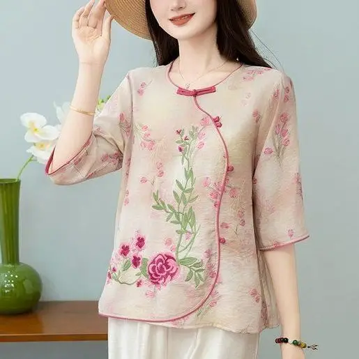 High-end ใหม่สไตล์จีน Retro ปักพิมพ์กลางแขนเสื้อผู้หญิงหลวมด้านบน