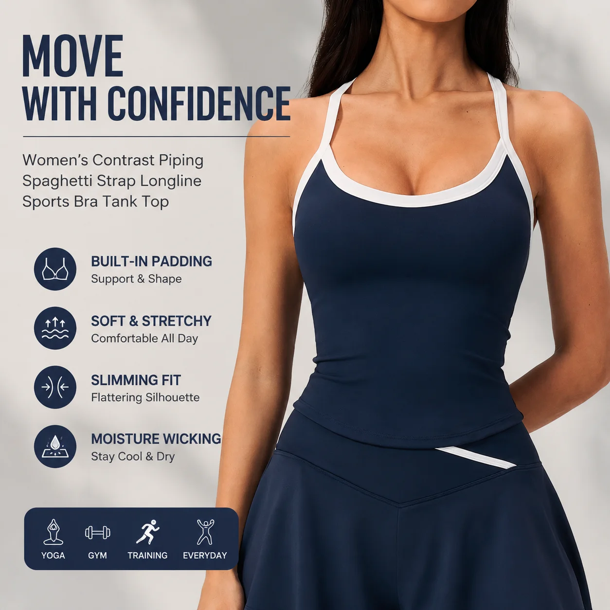 Women's Contrast Piping Spaghetti Strap Longline Sports Bra Padded Seamless Workout Tank Top with Slimming Fit for Yoga Gym Trai