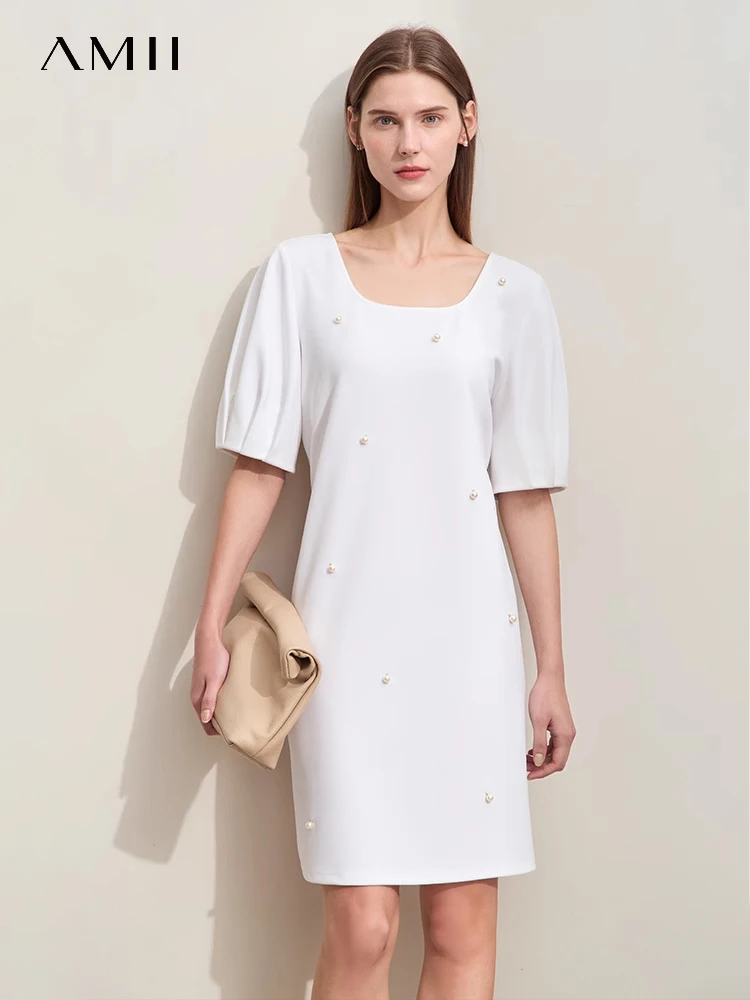 

Amii Minimalism 2024 Women Dresses Summer New U-neck Puff Sleeve Slim Waist Elastic Chic Short Elegant Dress Female 12442199