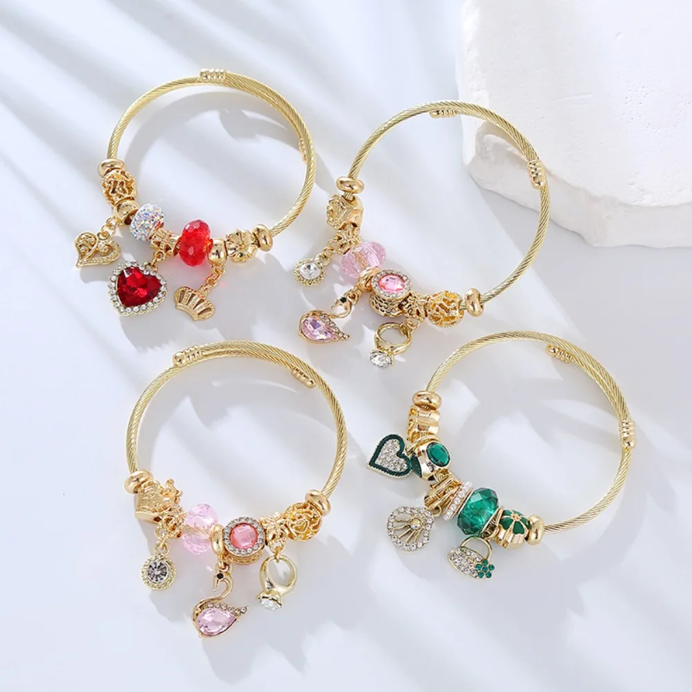Luxury Inlay Crystal Stereo Hollow Heart Flower Crown Pendant Adjustable Bracelets for Women Fashion Gold Color Bangle Jewelry
