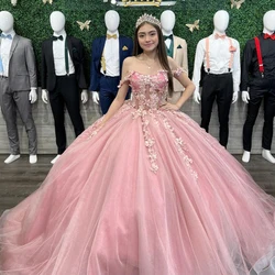 ANGELSBRIDEP różowe kwiatowe sukienki Quinceanera Off ramię 3D kwiat koronkowe aplikacje bal impreza urodzinowa suknia Vestidos De 15 Anos