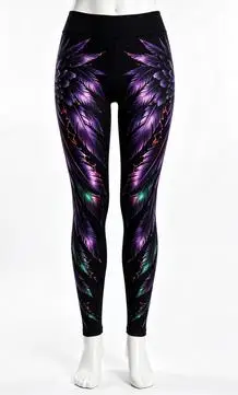 Women's Mid Waist Fleece Lined Leggings Gradient Purple Feather Print Slim Fit Stretch Long Pants