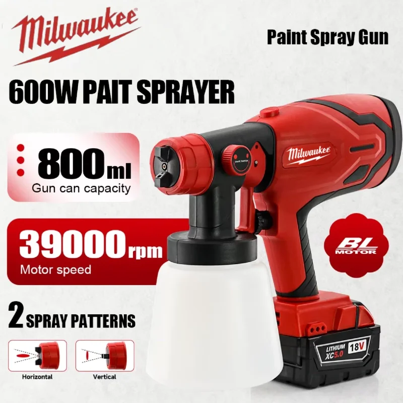 Milwaukee  600W Paint Spray Gun 800ML Tank & 39000 RPM Brushless Motor Auto Furniture Wall Car Sprayer For 18V Battery