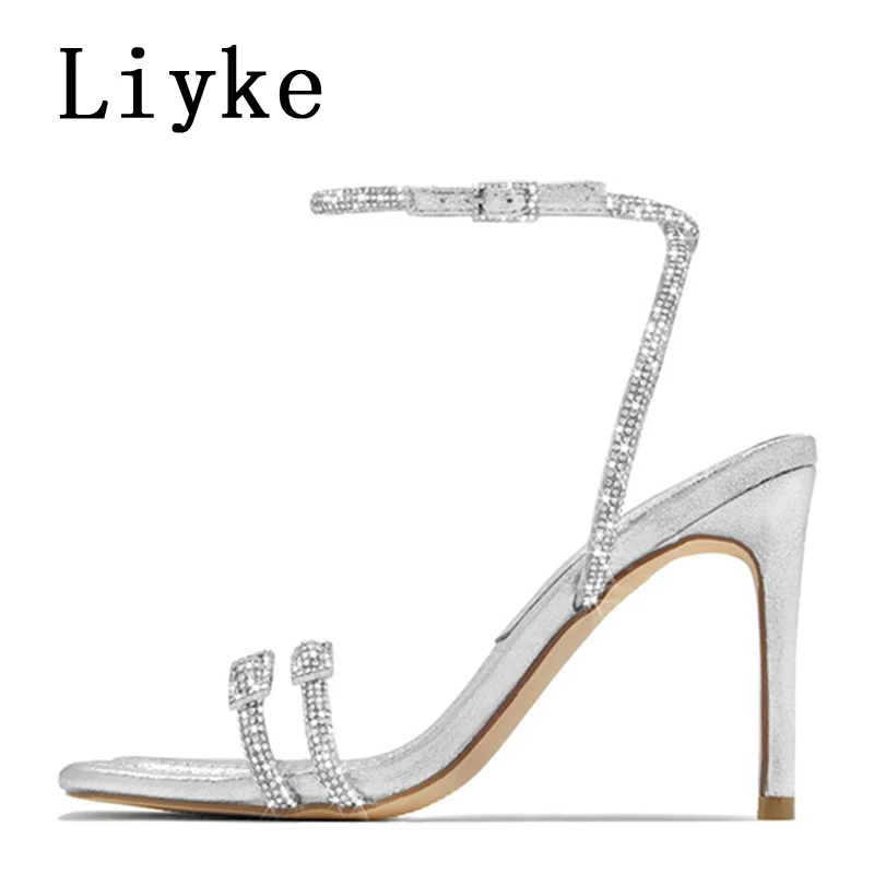 Liyke Sexy Silver Crystal Ankle Strap Sandals For Women 2024 Summer Square Open Toe Rhinestone Heels Party Prom Shoes Size 35-42