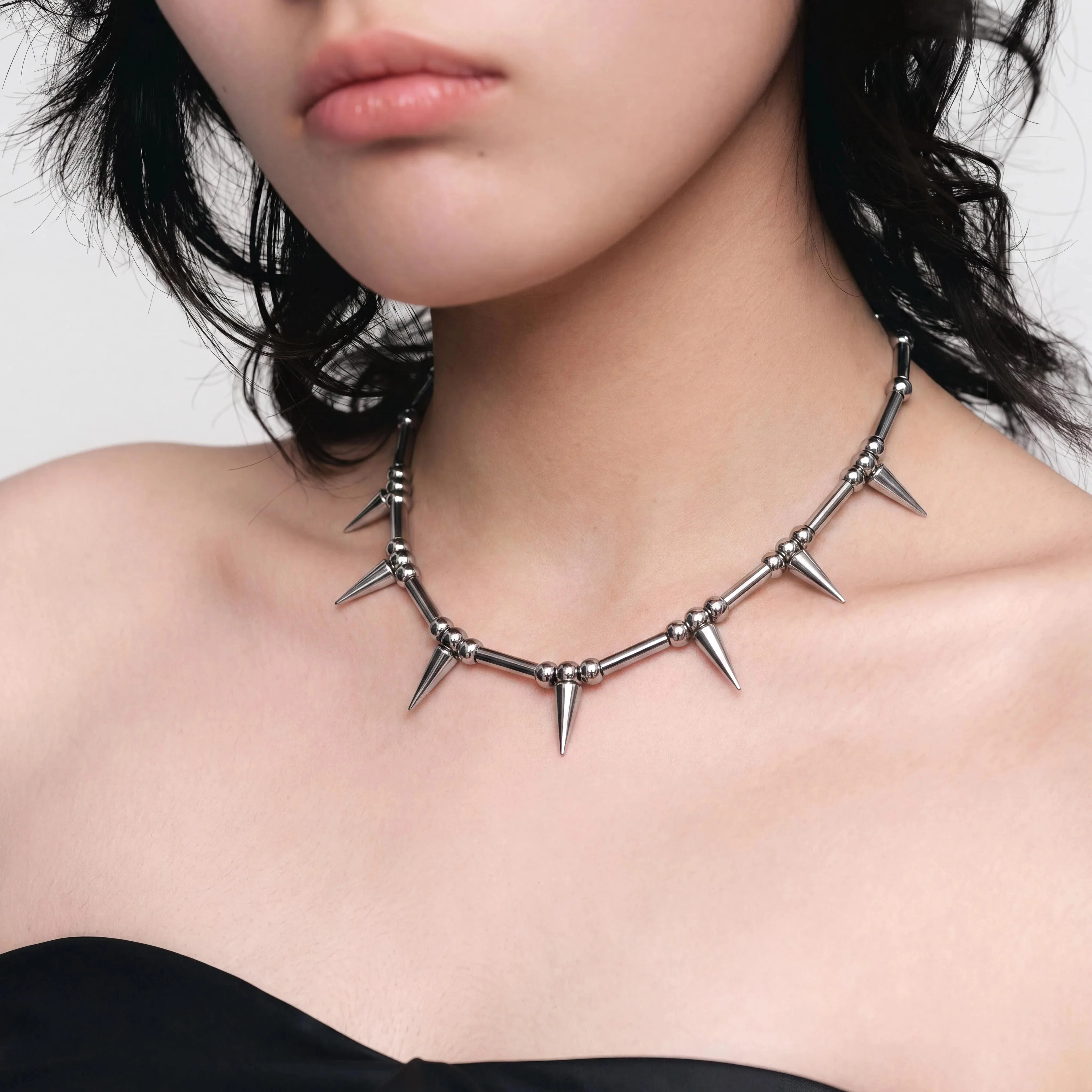Silver Spike Choker Necklace Punk Gothic Beaded Bar Chain Adjustable Collar Edgy Y2K Jewelry