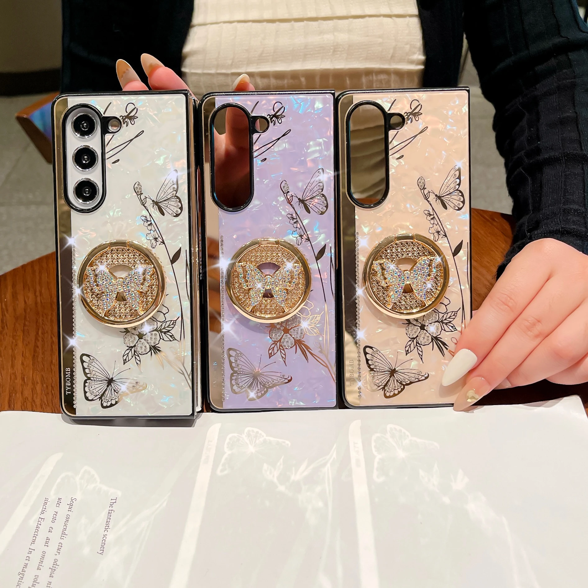 For Samsung Galaxy Z Fold 4 5 6 Cute Diamond Butterfly Shell Ring Buckle Stand Holder Phone Case Cover