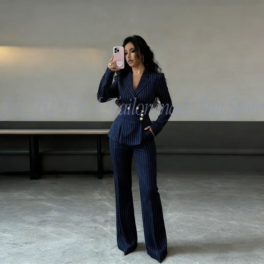 Classic Stripe Suit 2 Pieces Jacket Pants Women Vintage Stylish Blazer Set Smart Casual Female Spring Chic Street Outfits