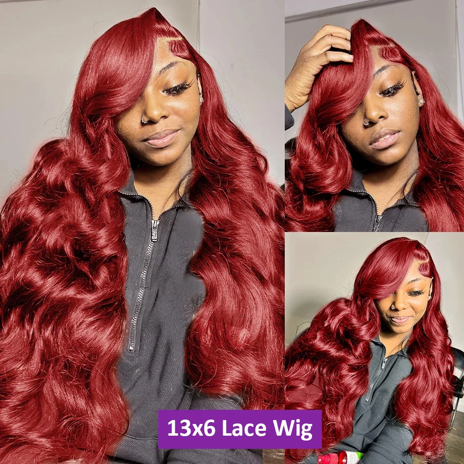 Perruque Lace Front Wig Body Wave Naturelle, Cheveux Humains, Couleur Rouge Bordeaux 99J, 13x4, 13x6 HD, Pre-Plucked, pour Femme, 30 Pouces