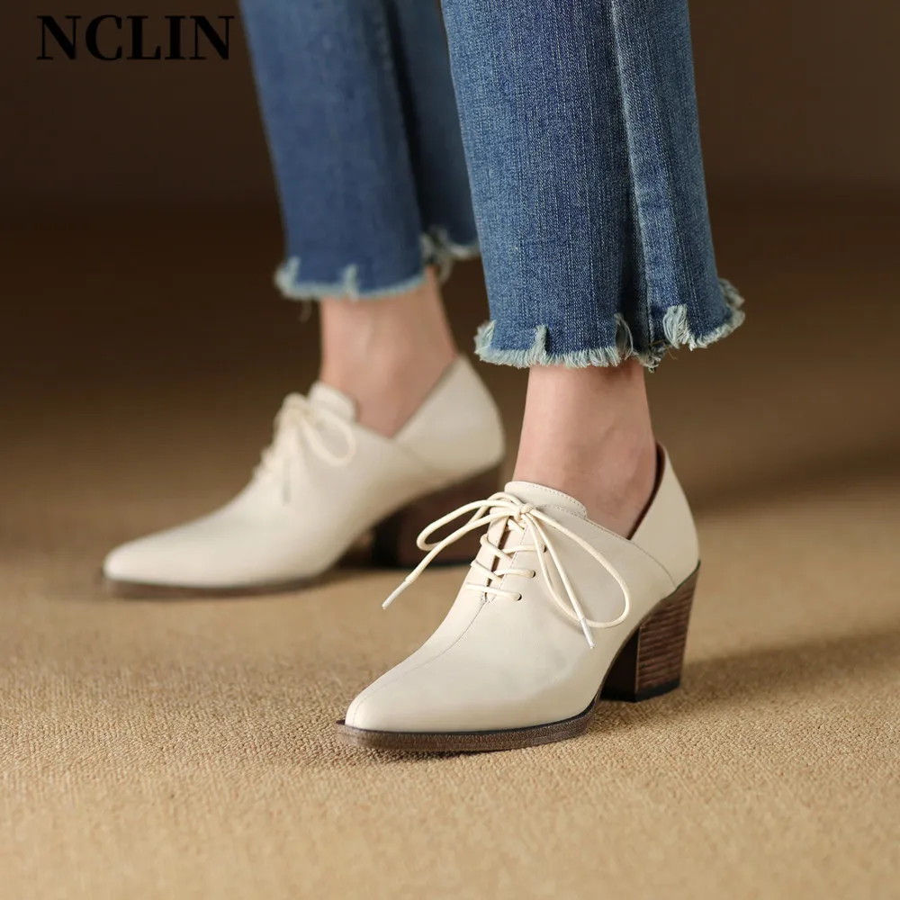 

NCLIN Thick High Heels Women Pumps Spring Summer Pointed Toe Mature Lace-Up Genuine Leather Office Lady Working Shoes Woman