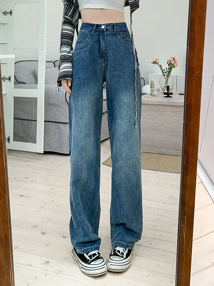 Koreanischer Stil neues Design in voller Länge Jeans Frauen Mode hohe Taille weites Bein Hosen Sommer sexy Gyaru schlanke Jeans hose Harajuku