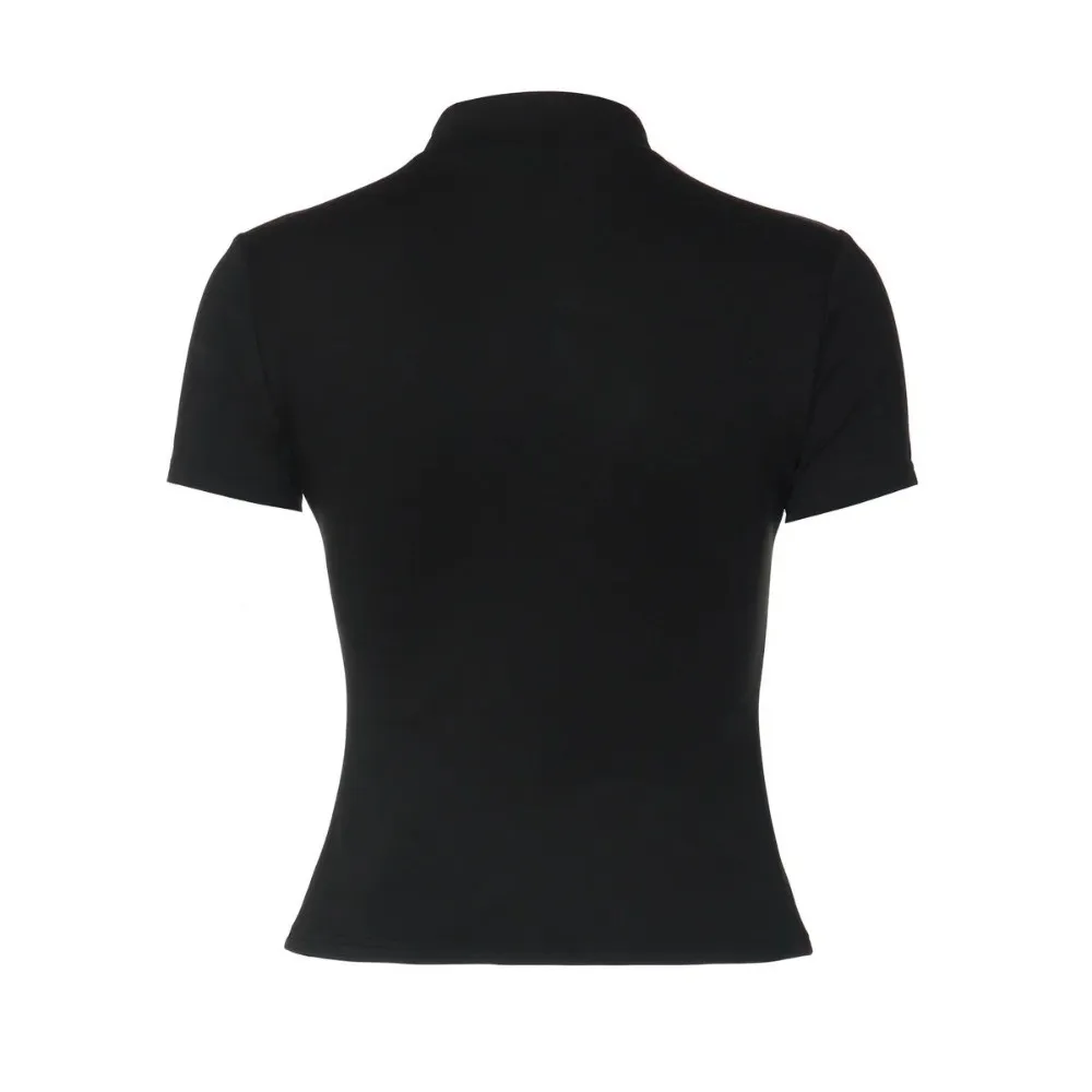 

Short Sleeve Hollow Out Crop Top Slim Fit Solid Color Hollow Out T-shirt Knot Button Hollow Out Design Stand Collar T-shirt