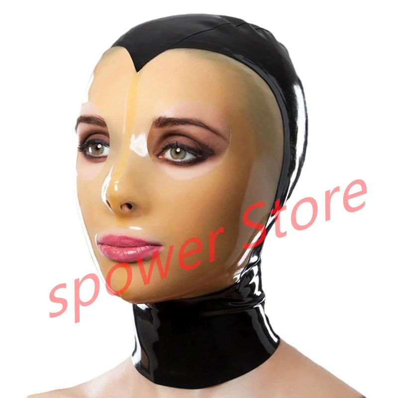 

Natural Latex Full Head Latex Hoods Rubber Mask Fetish Cosplay Costumes Black with Transparent Back Zip Club Wear