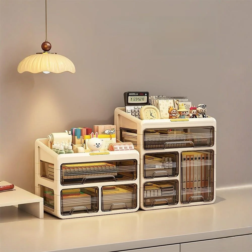 Desktop Organizer Drawer Style Office Desk Stationery Miscellaneous Items Rack Dustproof Cosmetic Storage Cabinet Plastic Mat...