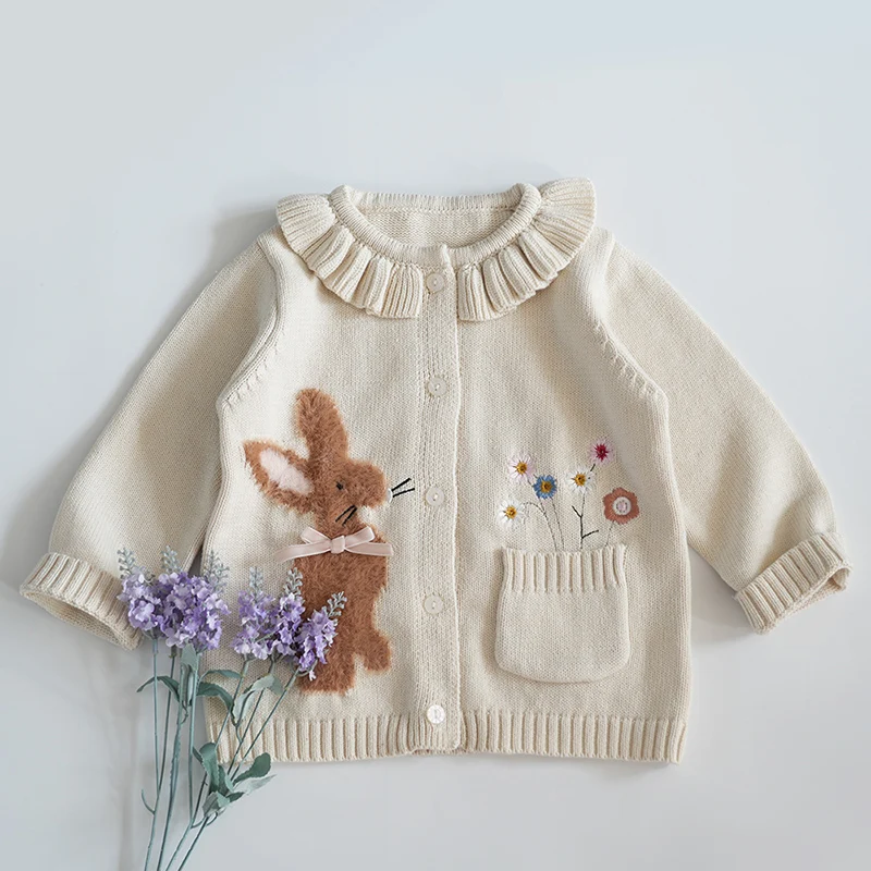 2024 New Autumn Kids Knitted Cartoon Cardigan Sweater Baby Girls Knitting Cardigan Coat Long Sleeved Casual Loose Sweater Coat