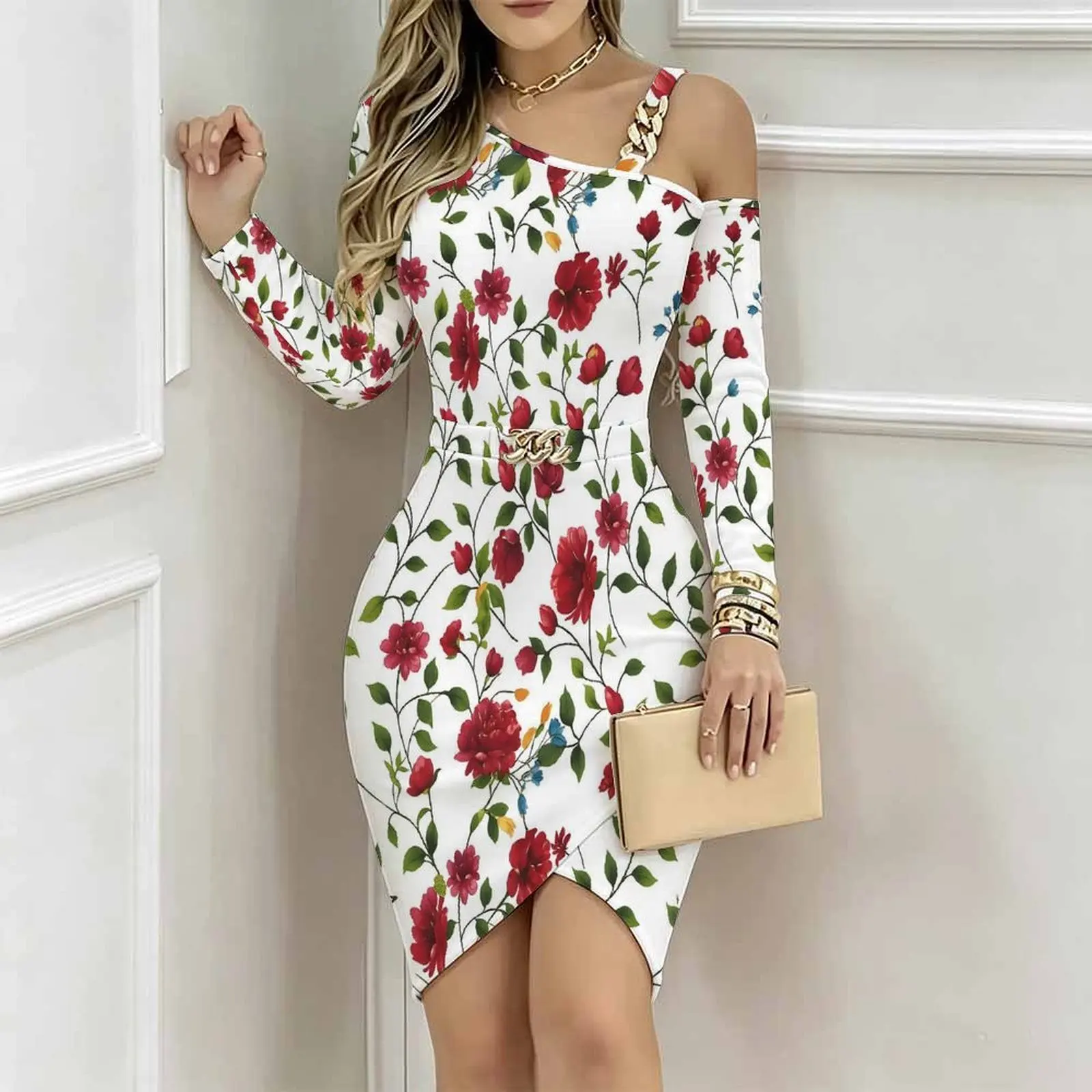 Women One Shoulder Bodycon Midi Dress Chain Strap Detail Metal Buckle Belt Irregular Split Hem Slim Fit Custom Print Part Dress
