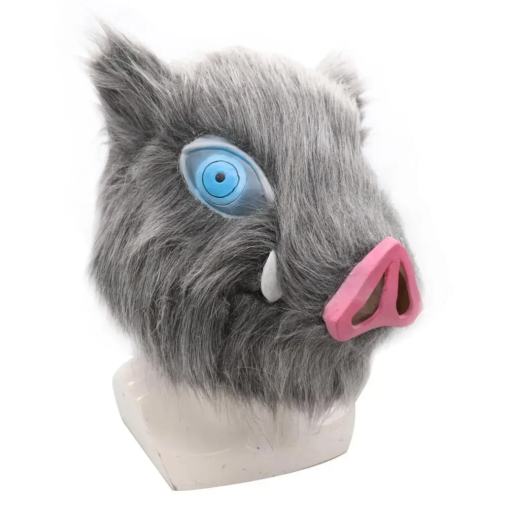 Inosuke Hashibira Mask Helmet Cosplay Hood Hair Pig Mask Headwear Halloween Carnival Costume Prop